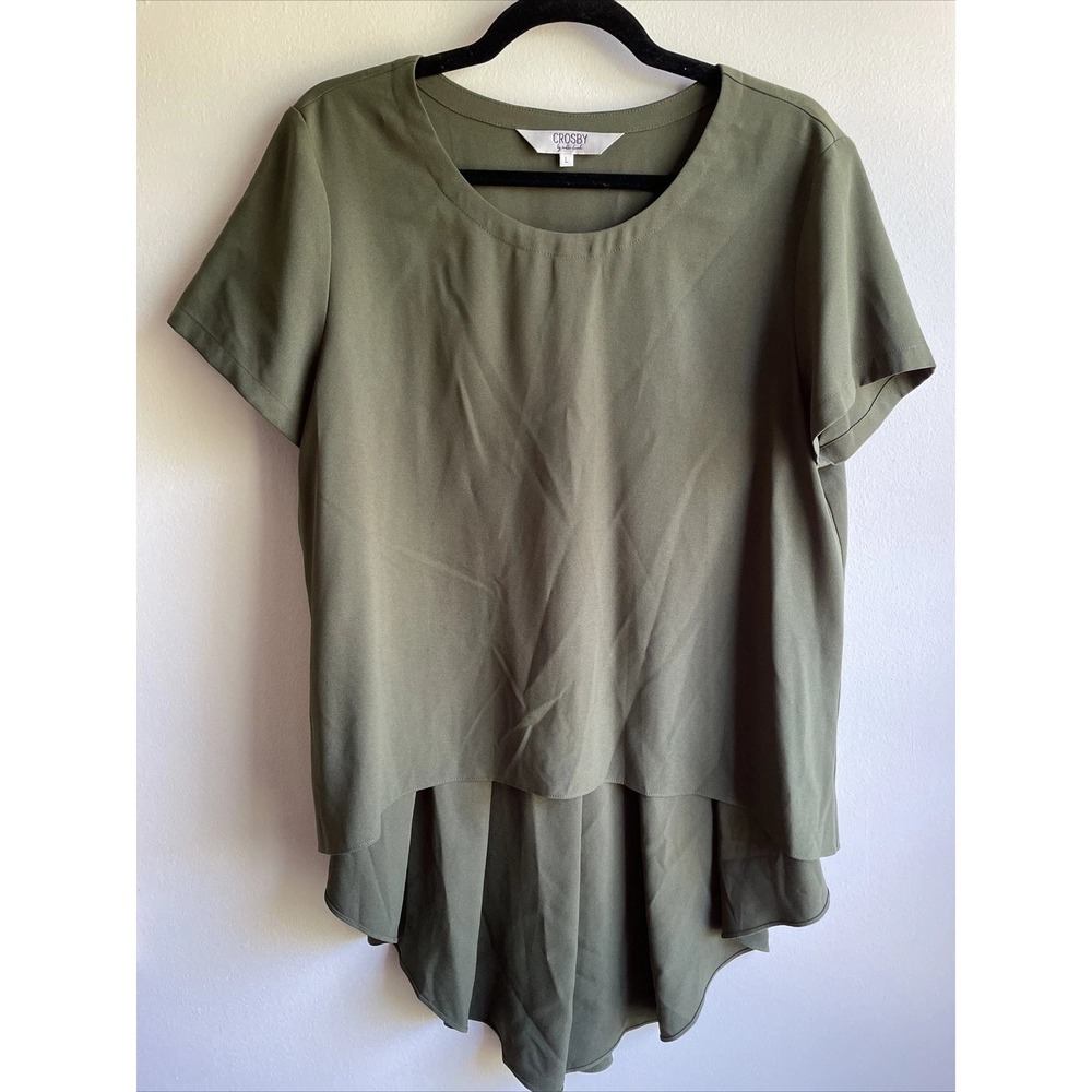 Crosby‎ by Mollie Burch Blouse Womens Large Olive Green High-Low Pleated Career
